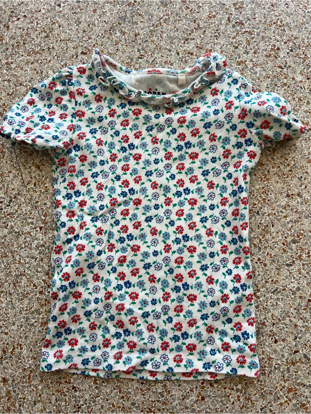 Mini Boden White Short Sleeve Tee with Red & Blue Floral Print